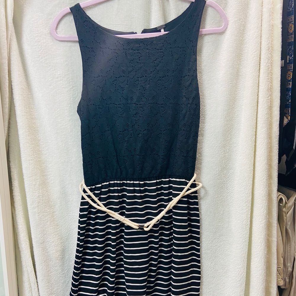 Black dress with blue and white stripes